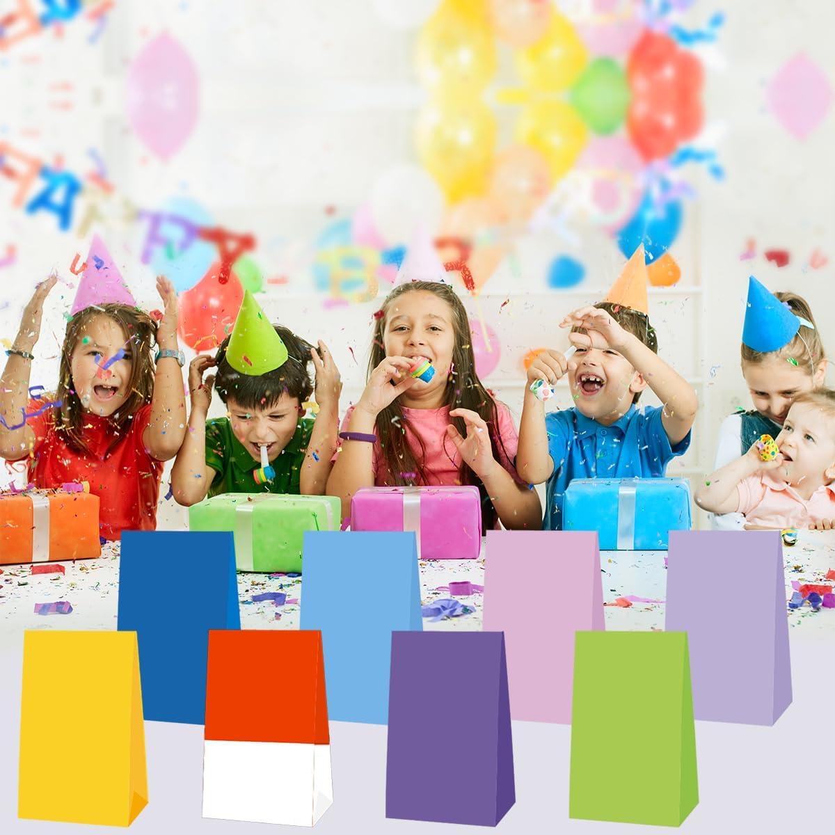 OULUN 16pcs Cartoon Party Bags Red Yellow Green Blue Purple