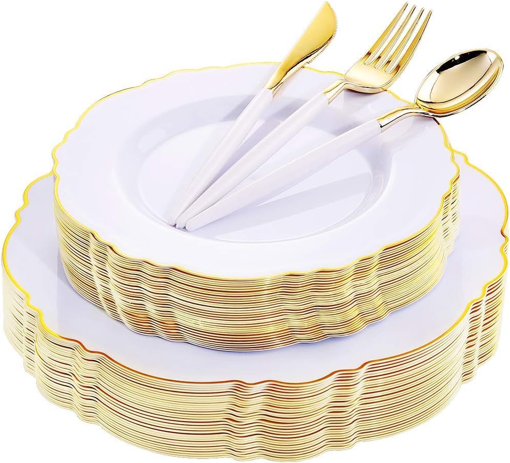 WDF 30 Guest Gold Plastic Plates Wedding Baroque Design