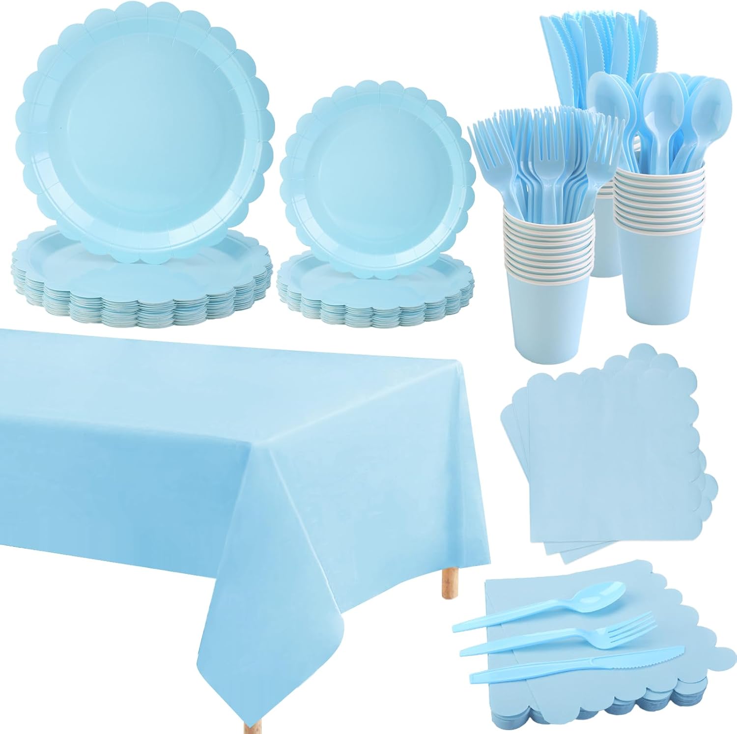 176 Pcs Light Blue Paper Plates and Napkins Set