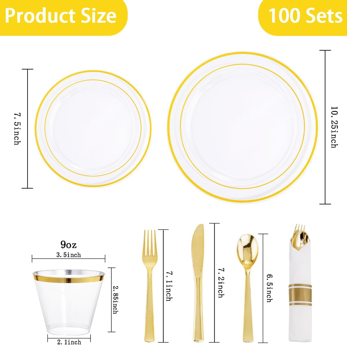 DaYammi 350PCS Clear Gold Disposable Dinnerware Set for 50 Guests