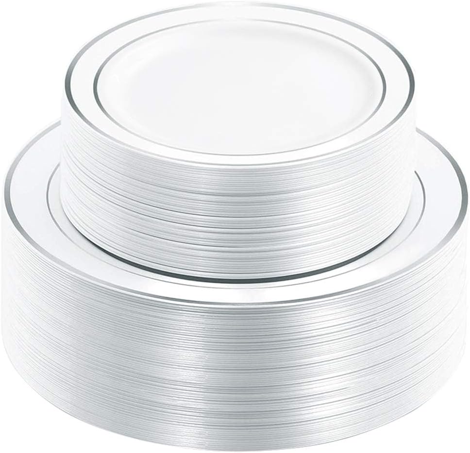 WDF 120PCS Plastic Christmas Plates with Silver Rim