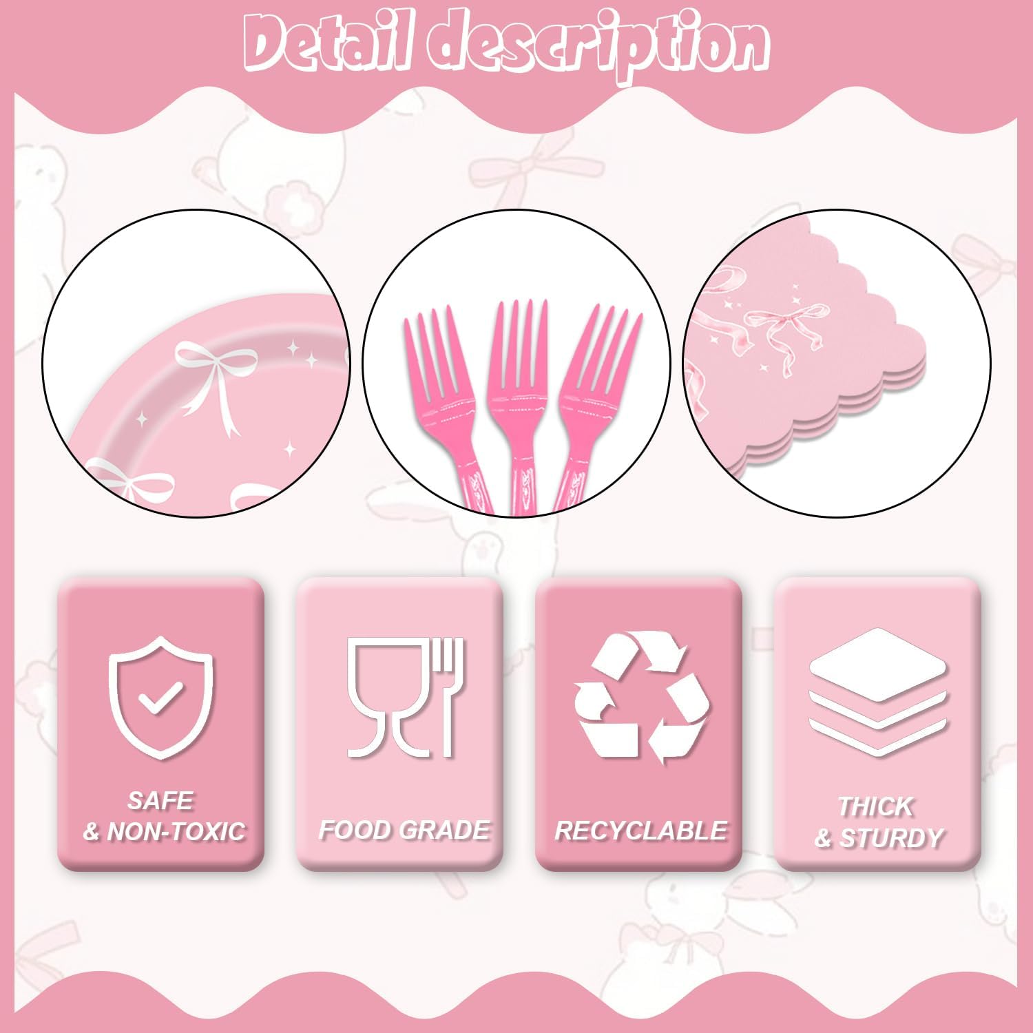 96 Pack Bow Paper Plates and Napkins Set for Birthday Parties