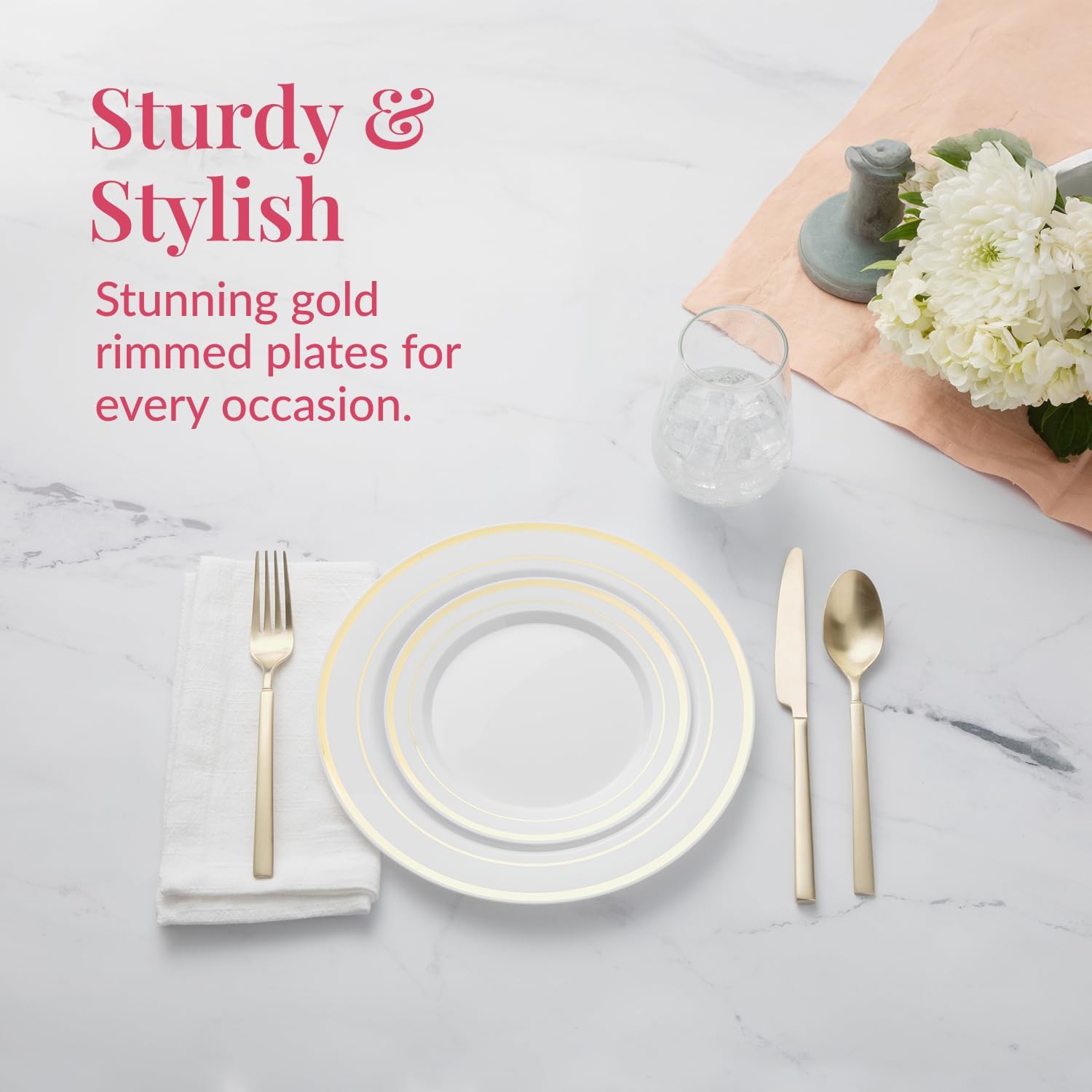 Prestee 50-Piece Gold Rimmed Plastic Plates Set
