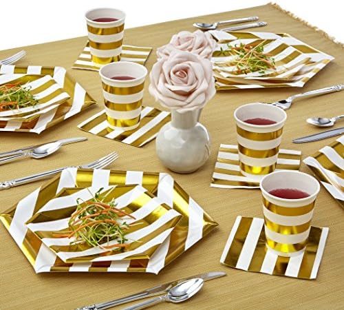 Silver Spoons Disposable Dinnerware Set Stripe Collection 18 Servings White Gold