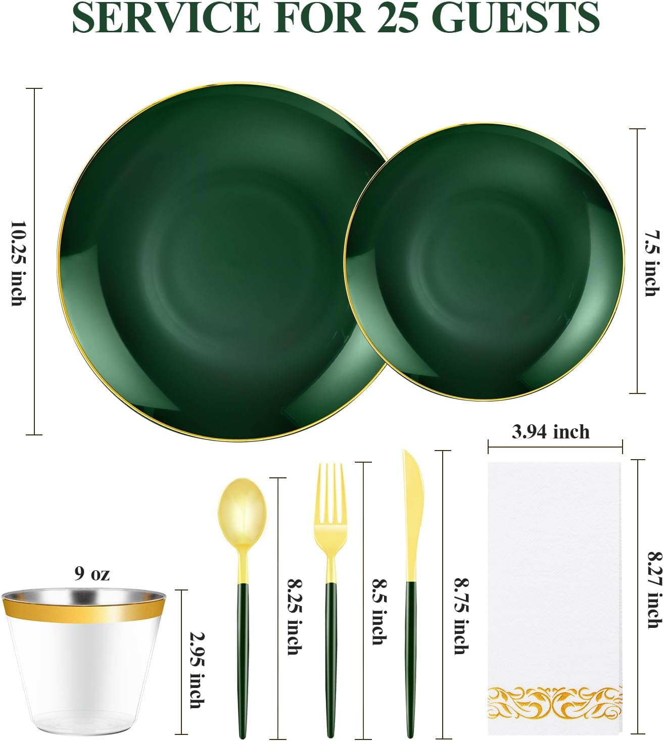 175 Piece Green Gold Plastic Dinnerware Set for Parties