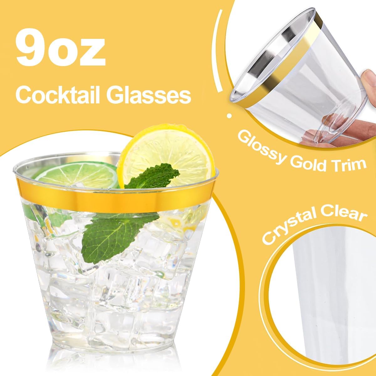 200 Pcs Gold Rim Clear Plastic Cups 9 Oz