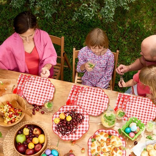 175 Pcs Red Gingham Plates Napkins Party Supplies Set