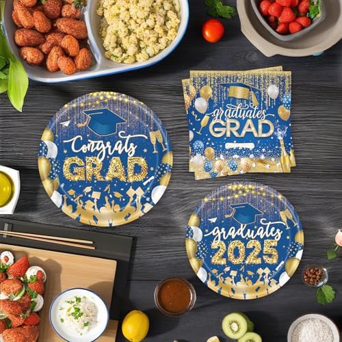 60 PCS Graduation Party Plates Napkins Decor Set Blue Gold