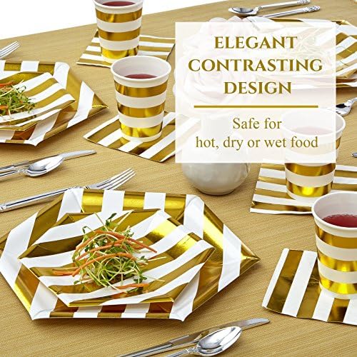 Silver Spoons Disposable Dinnerware Set Stripe Collection 18 Servings White Gold