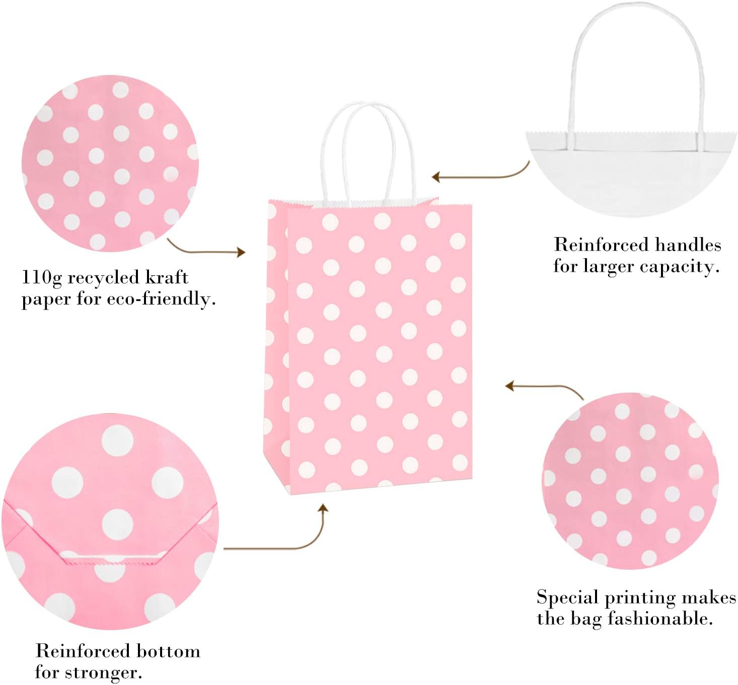 BagDream 25Pcs Pink Dot Kraft Gift Bags with Handles