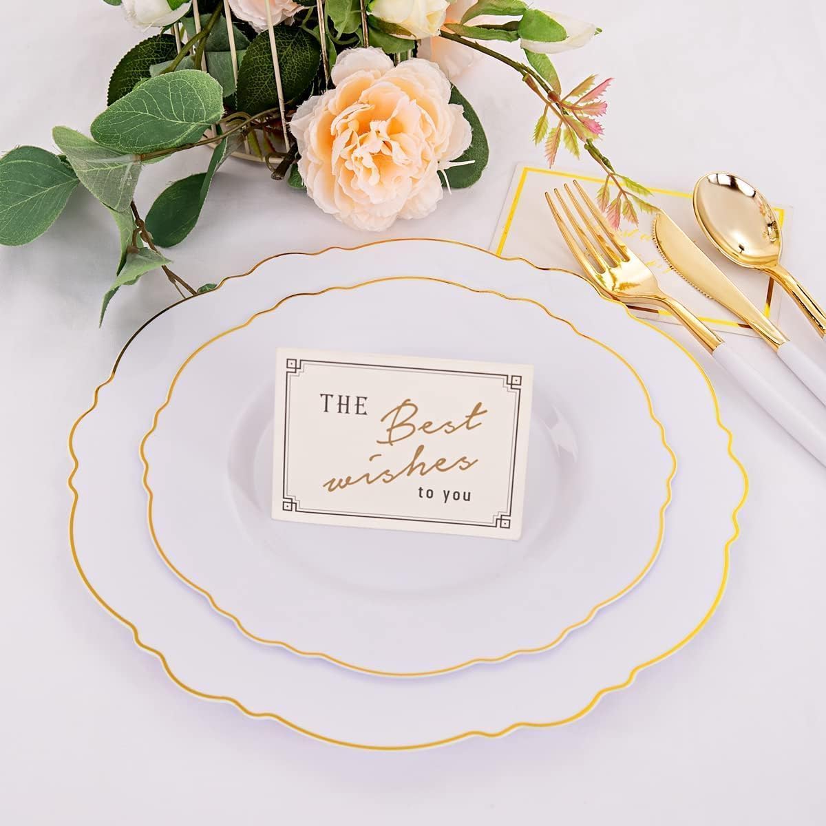 WDF 30 Guest Gold Plastic Plates Wedding Baroque Design