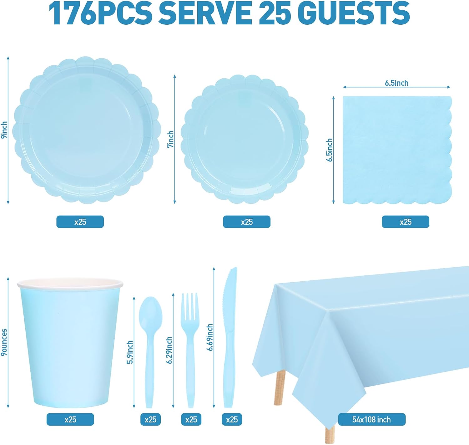 176 Pcs Light Blue Paper Plates and Napkins Set