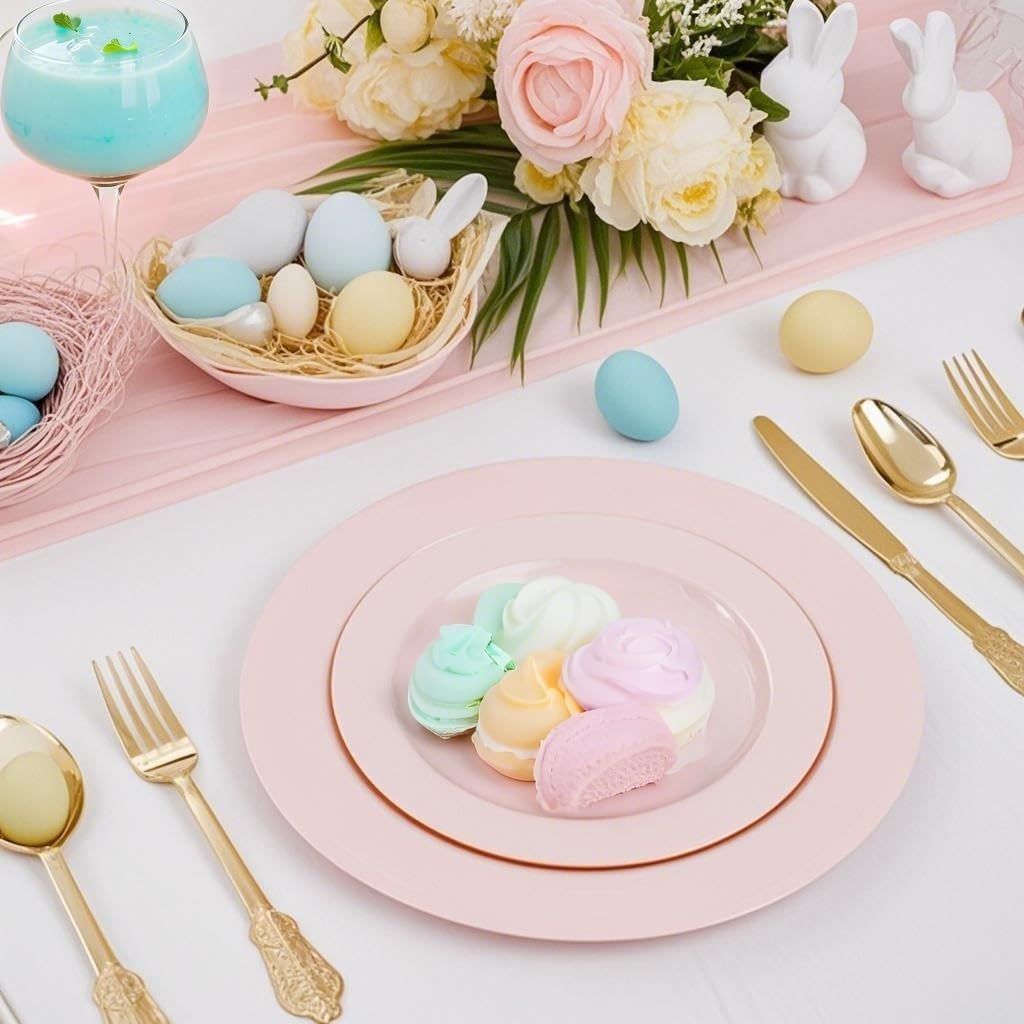 FLOWERCAT 100PCS Pink Plastic Plates Set for 50 Guests