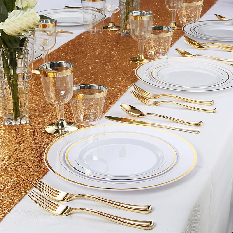 350 Piece Gold Dinnerware Set - 100 Plates 50 Silverware 50 Cups 50 Napkins