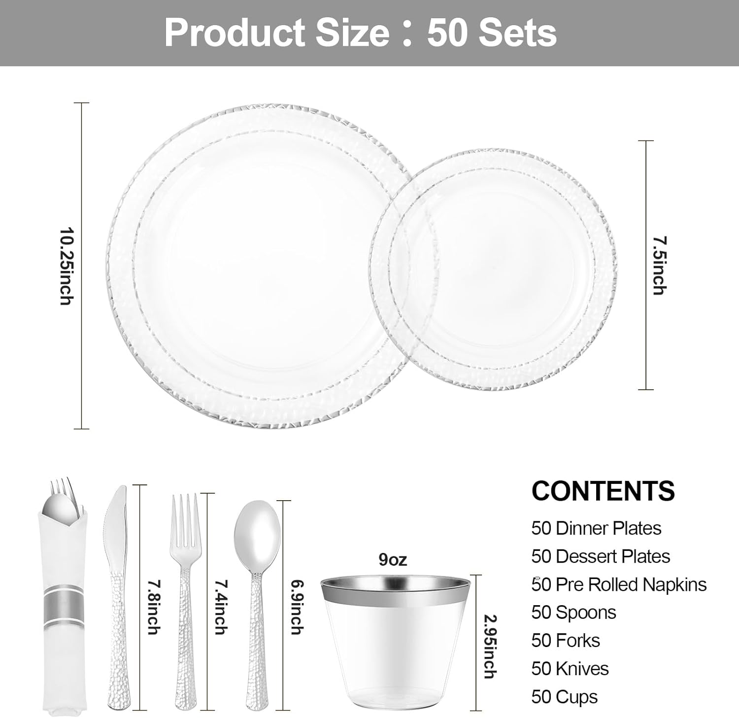 350PCS Clear Plastic Plates with Silver Trim for 50 Guests