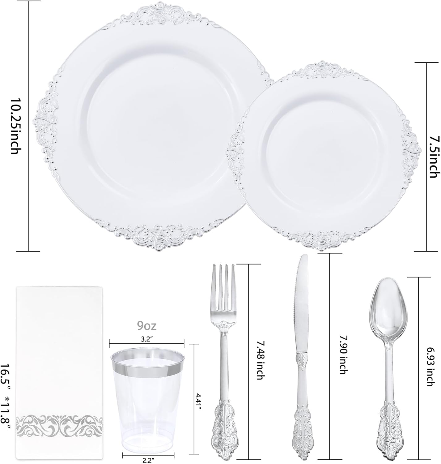 Nervure 350PCS Silver Plastic Dinnerware Set