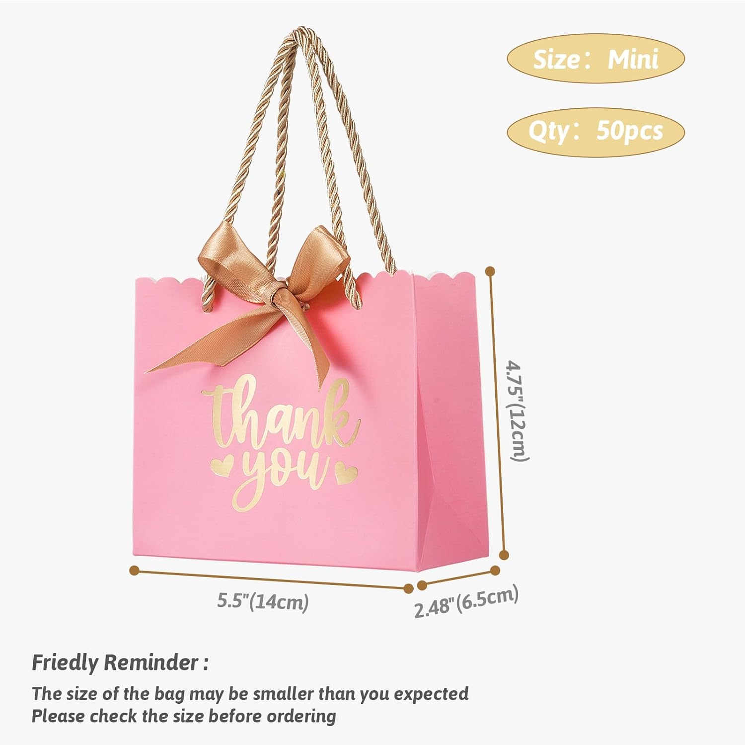 50 Pack Pink Mini Gift Bags with Handles and Bow