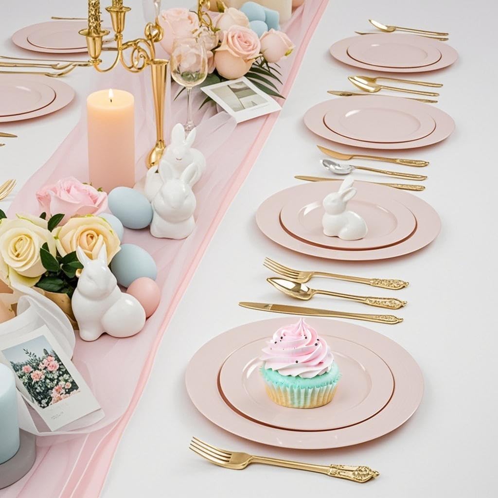 FLOWERCAT 100PCS Pink Plastic Plates Set for 50 Guests