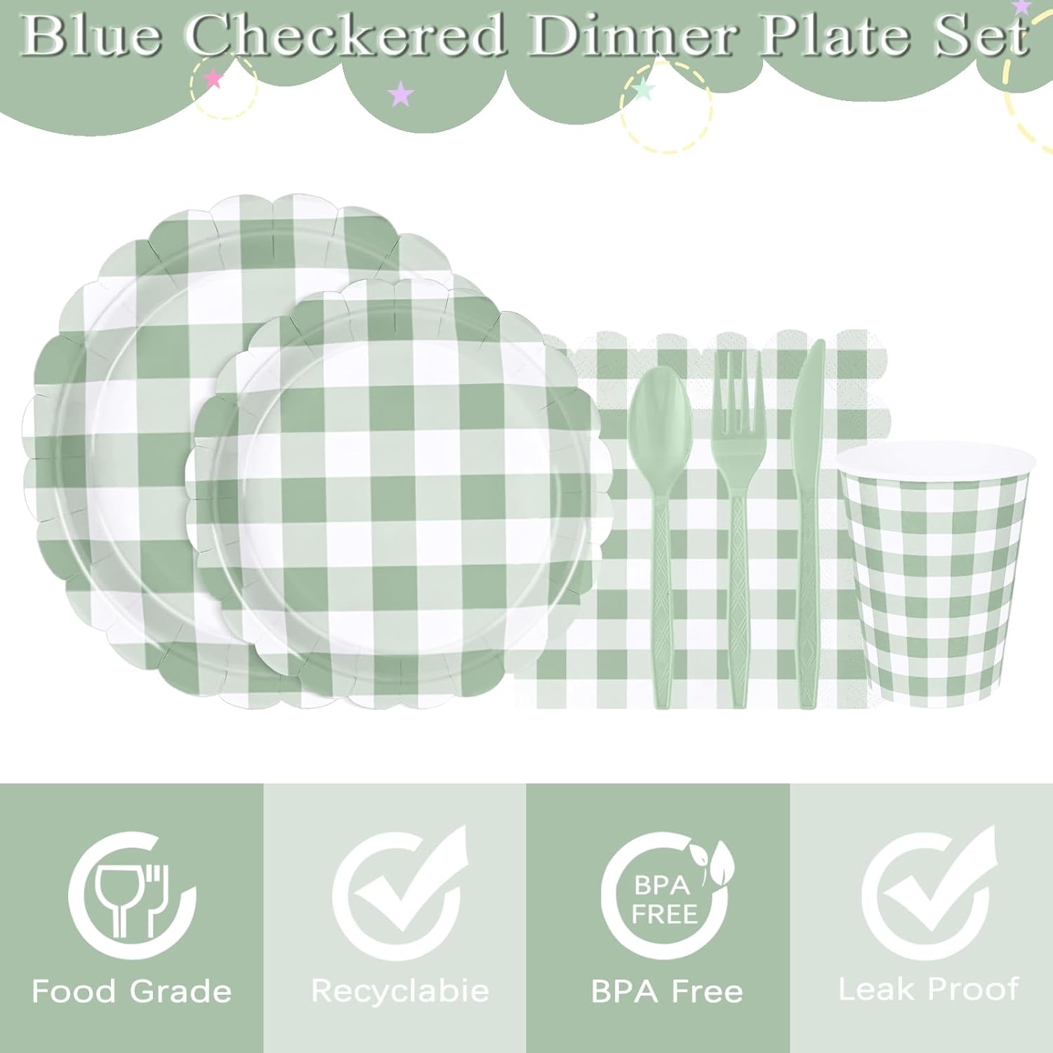 175 PCS Sage Green Gingham Plates Napkins Set for Party