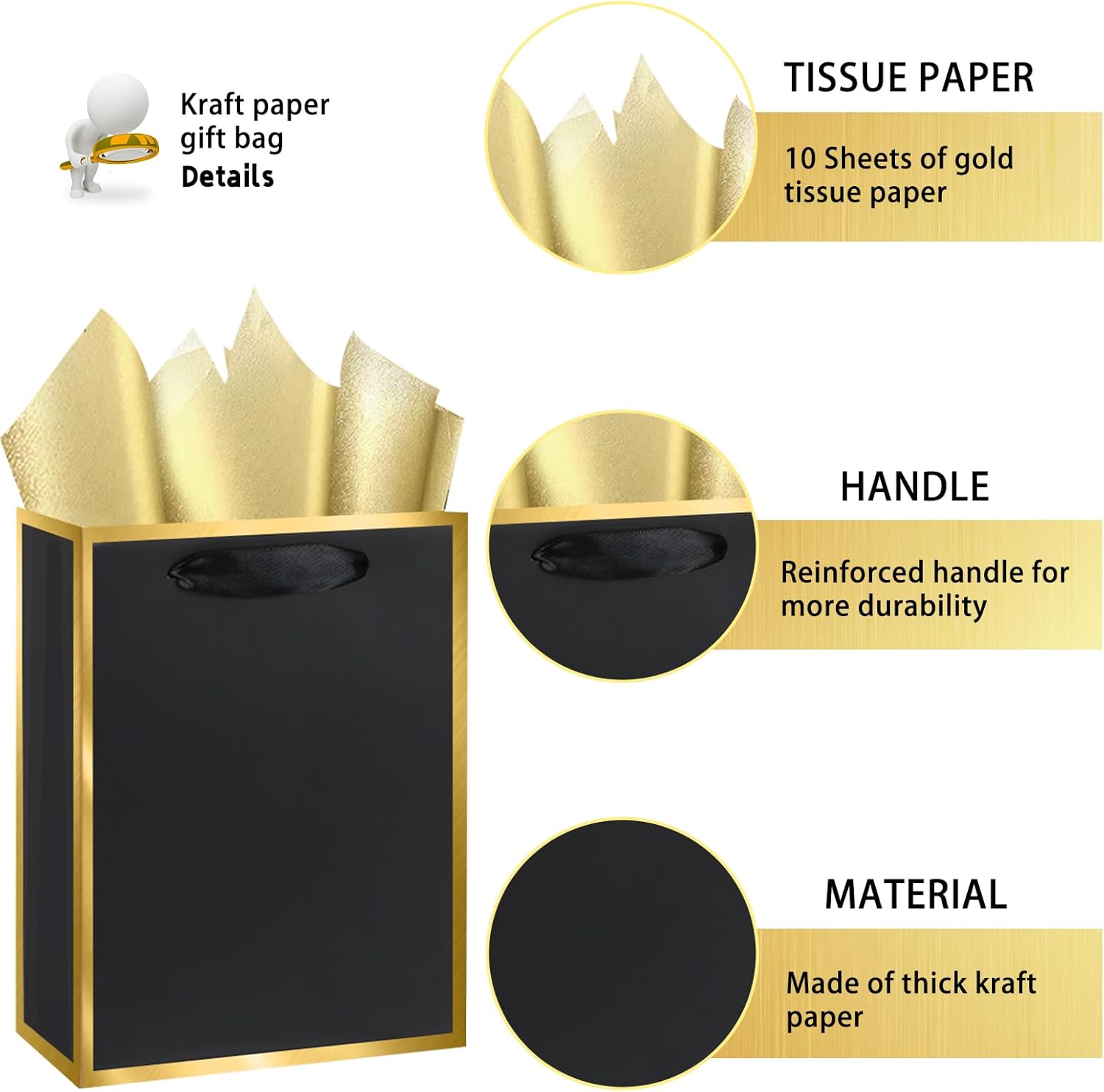 10-Pack Black and Golden Gift Bags with Handles