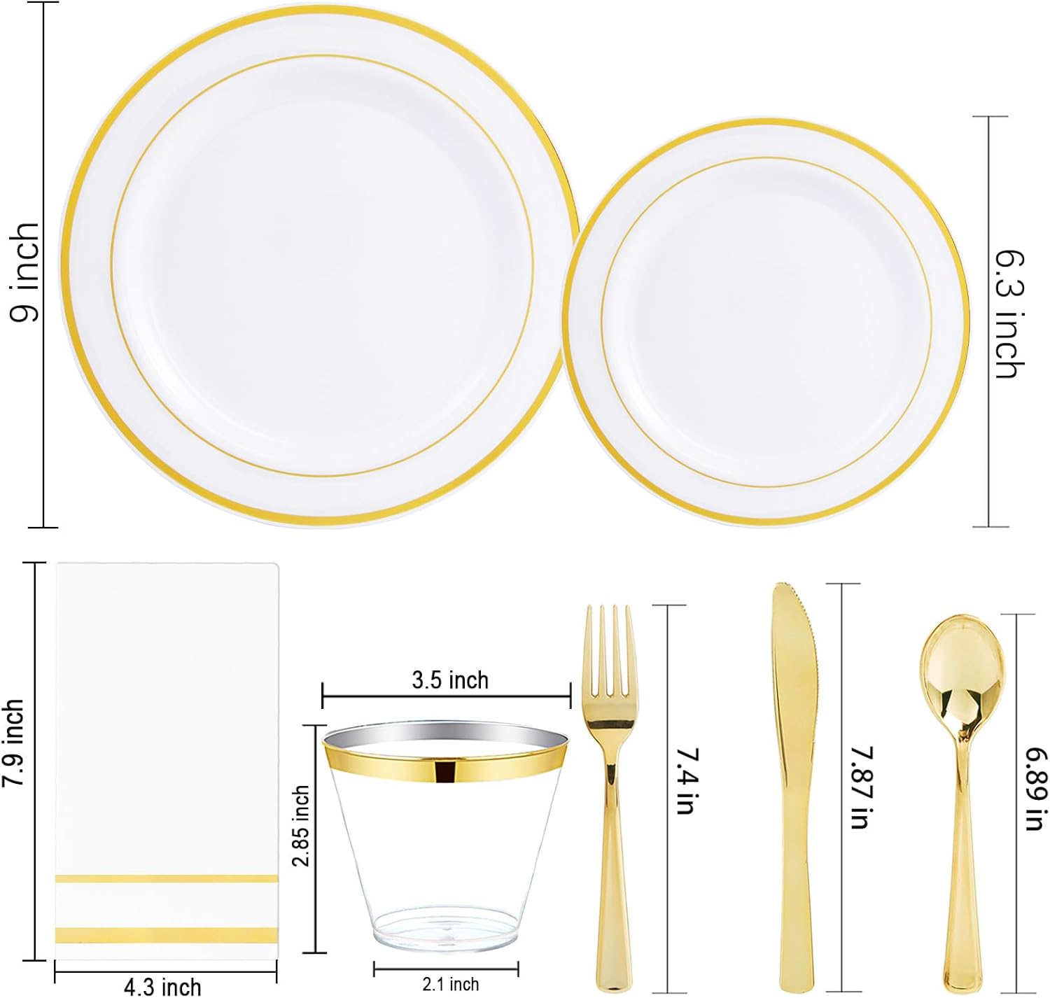 GATHER 350PCS White and Gold Plastic Plates Set for Party Wedding