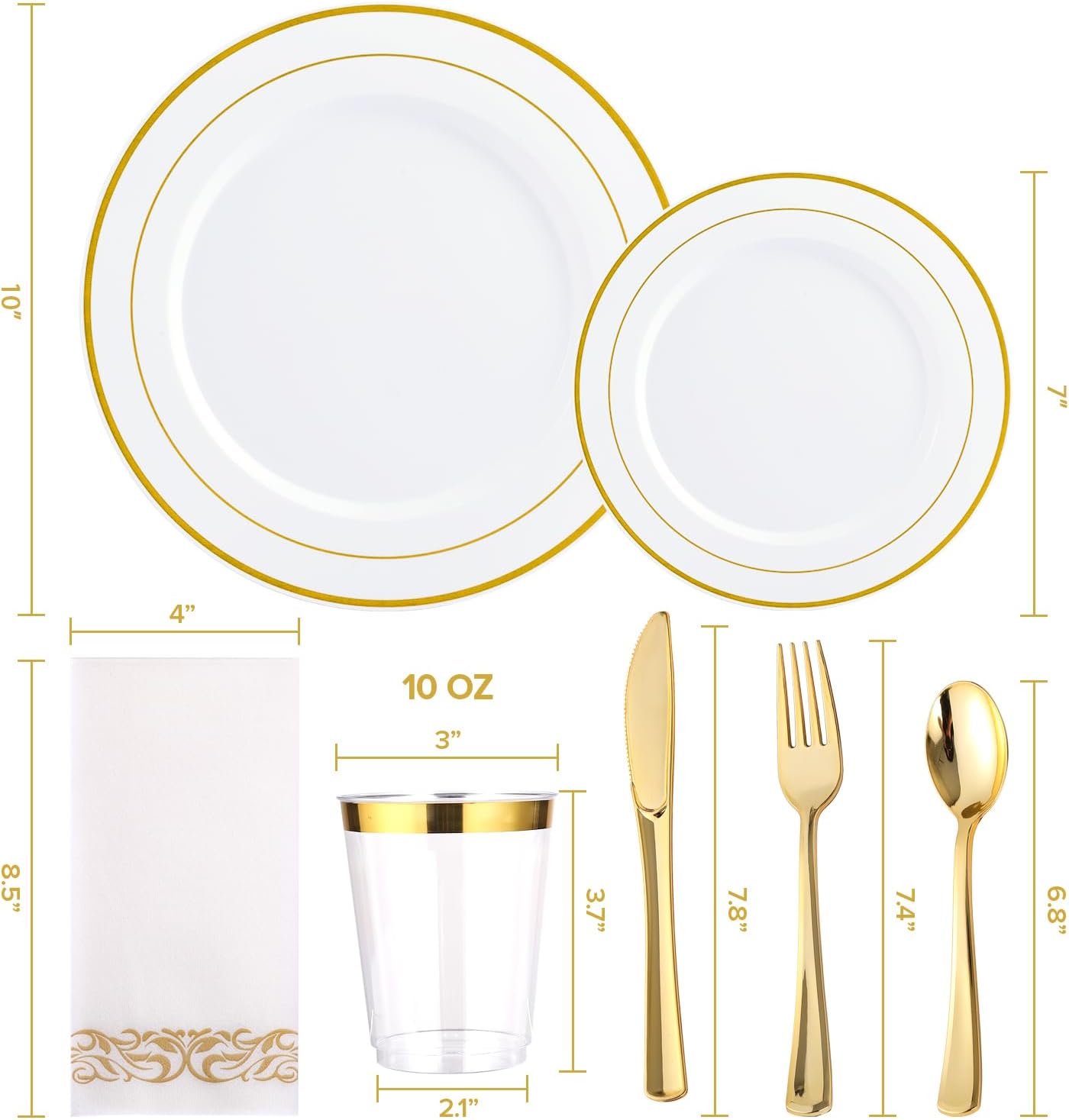 FOCUSLINE 25 Piece Gold Rimmed Disposable Plate Set for 25 Guests