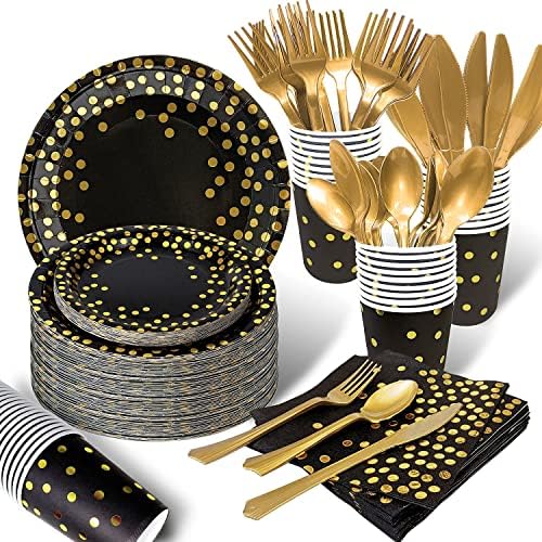 AIRE Black and Gold Paper Plates for 25 Guests Party Set