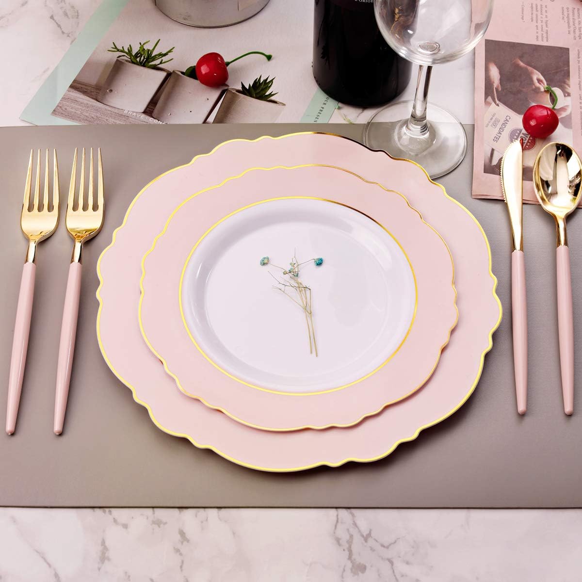 WDF 30 Guest Pink Gold Plastic Plates Set