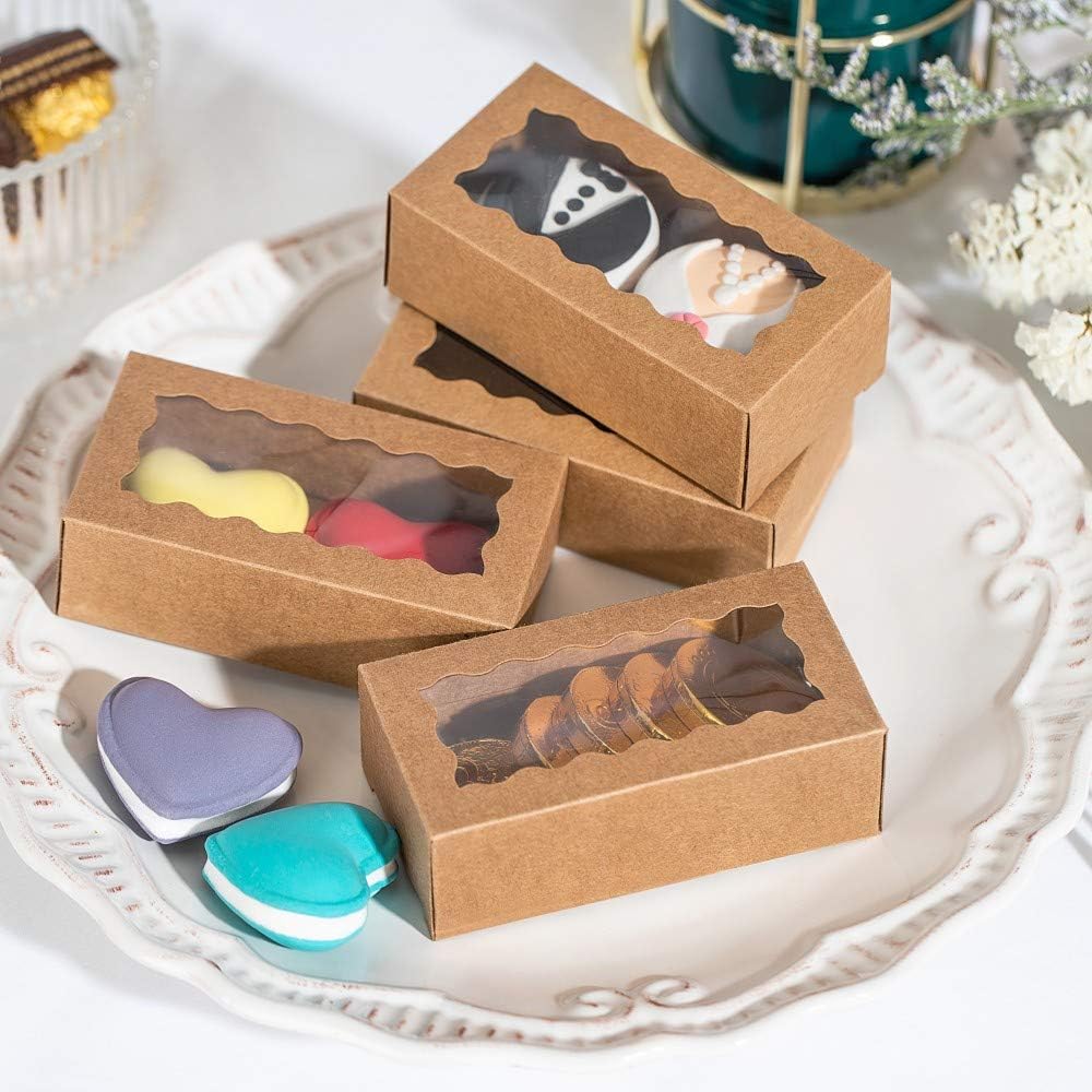 JCXGRVC 24PCS Natural Brown Kraft Macaron Boxes with Clear Window