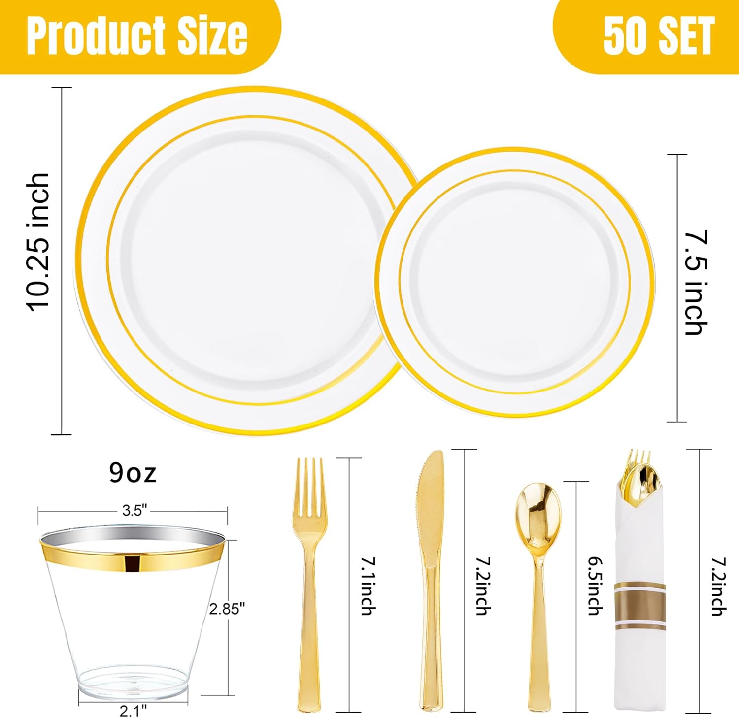 WELLIFE 350Pcs White Gold Plastic Plates for 50 Guests