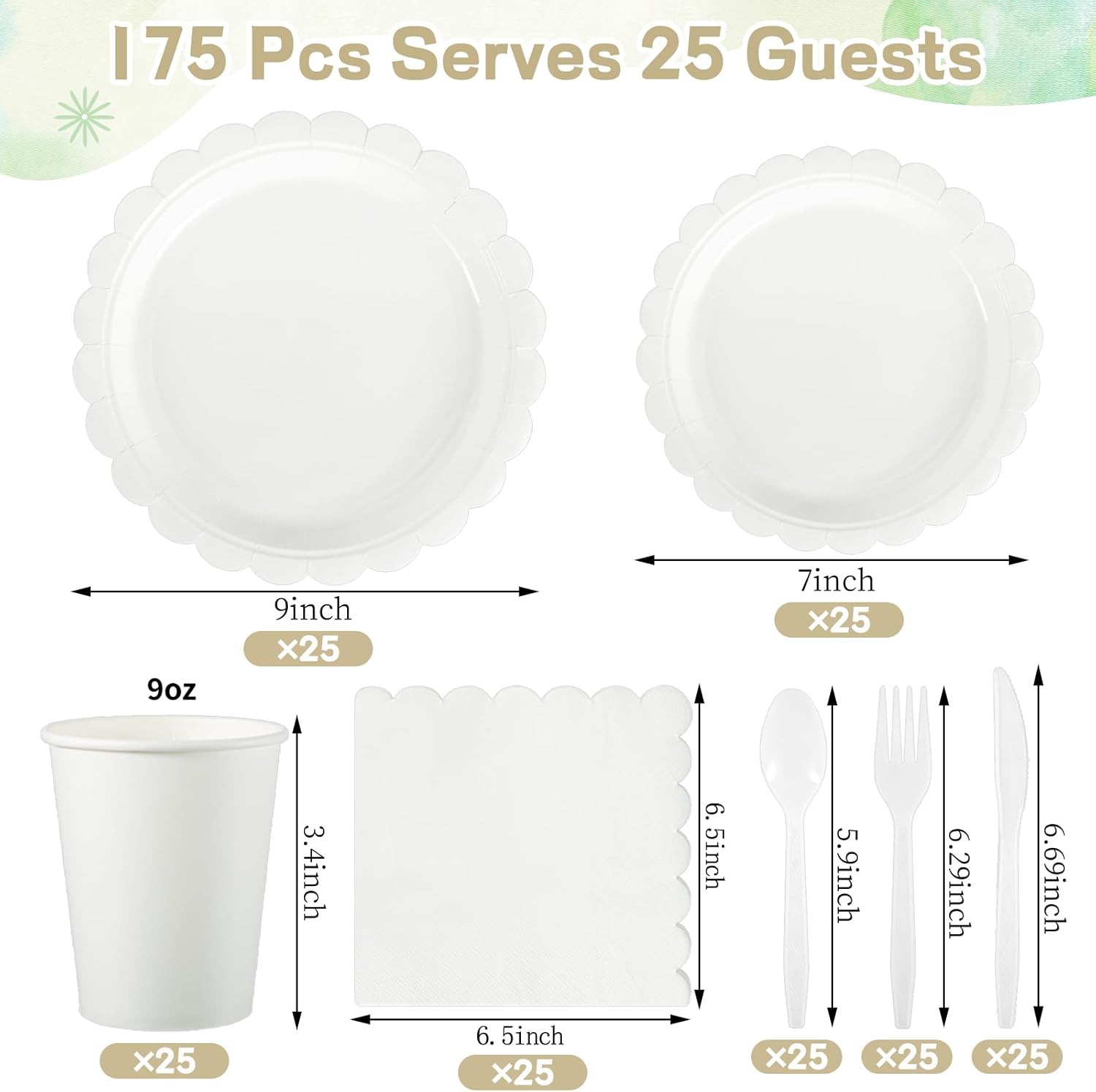 175 Pcs White Party Supplies Set with Plates Cups Napkins Cutlery
