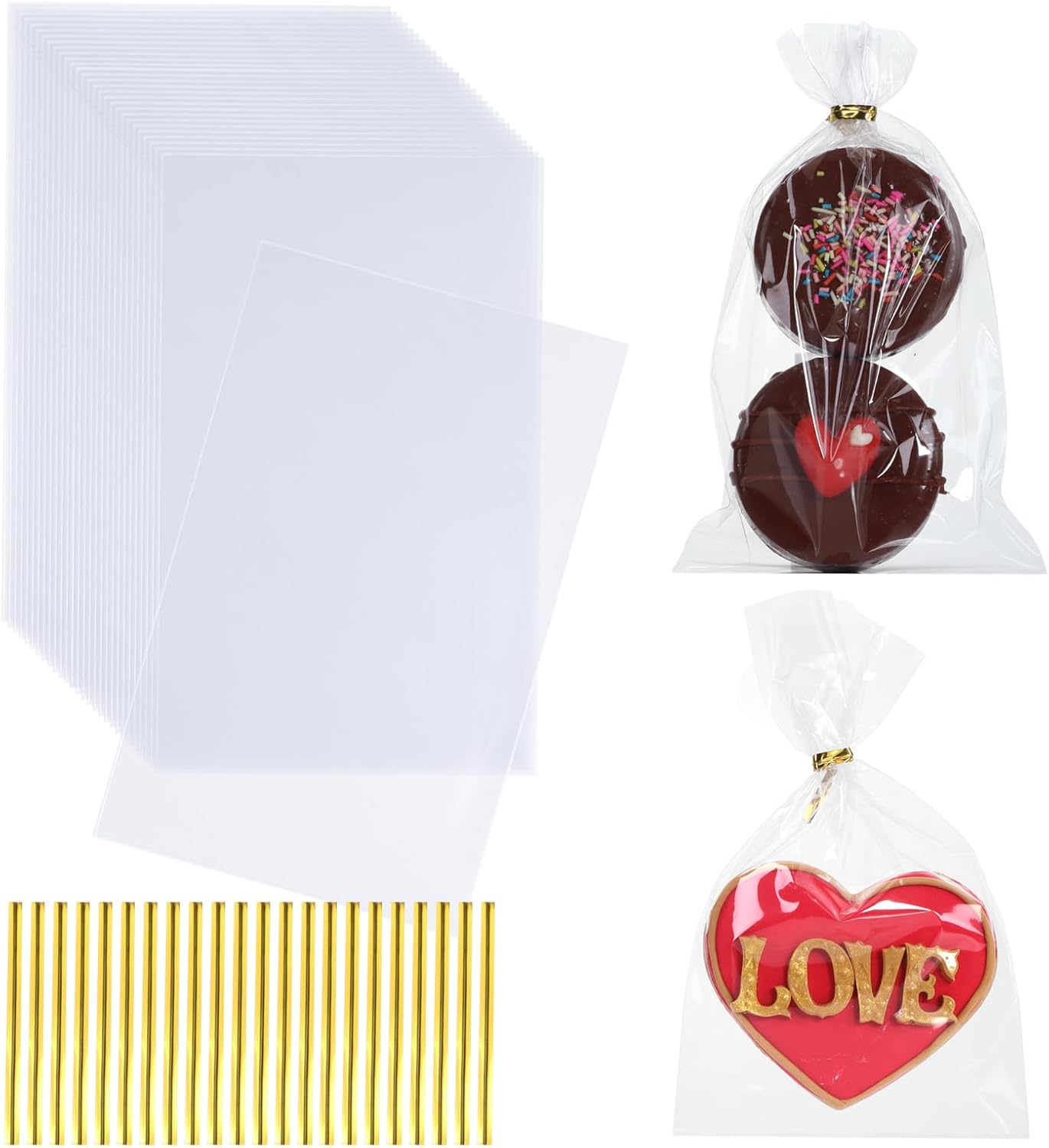 Clear Cellophane Bags with Gold Ties 200 Pack