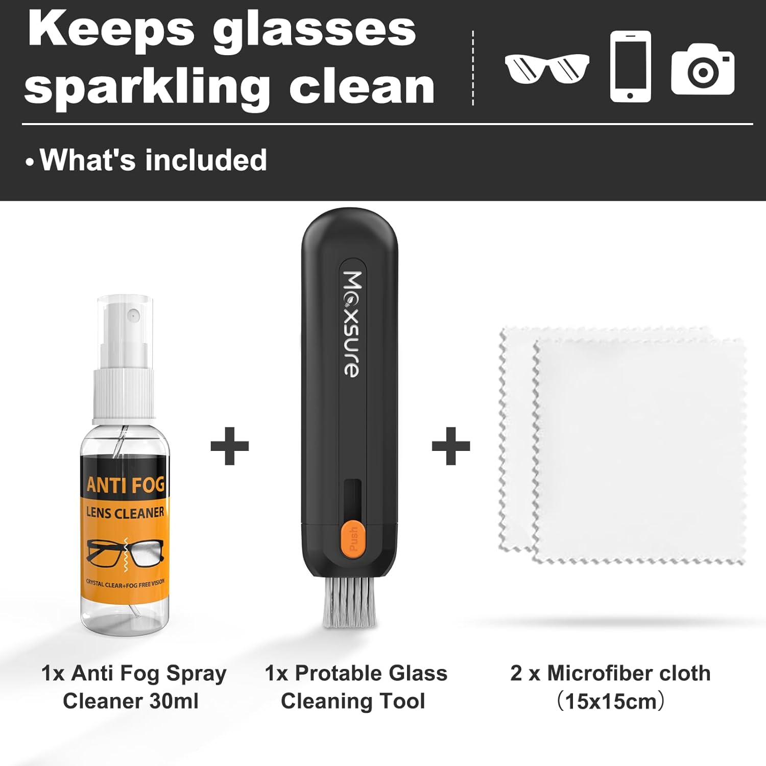 Maxsure 3 in 1 Eye Glasses Cleaner Kit Portable Black