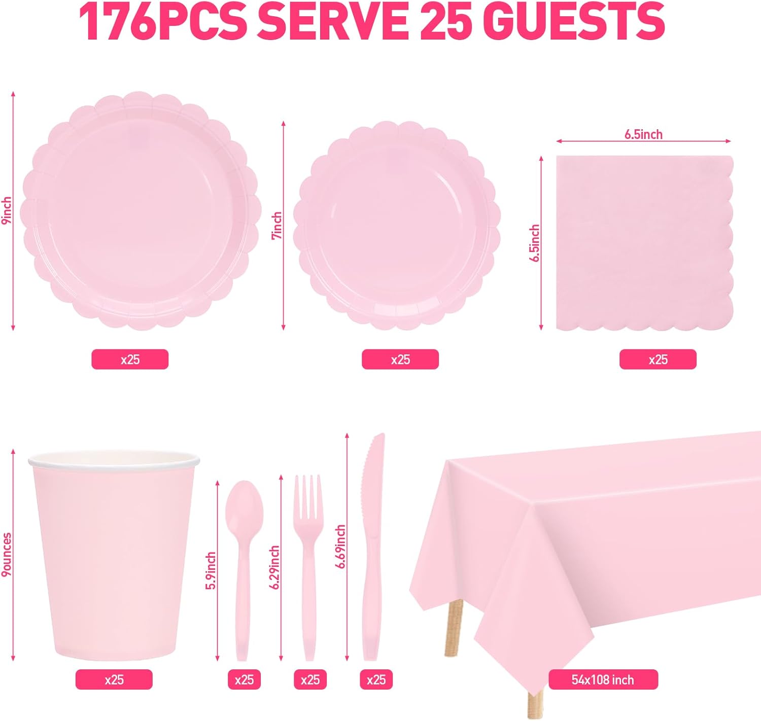 176 Pcs Pink Paper Plates and Napkins Set