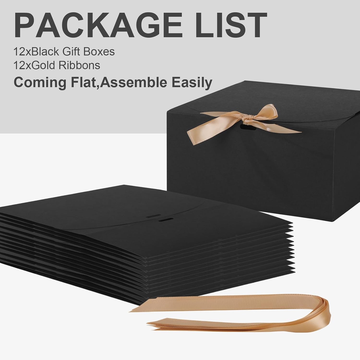 12 Pack Black Gift Boxes with Lids and Ribbons