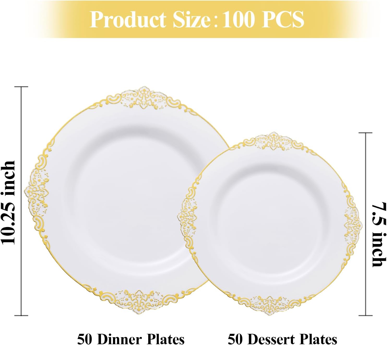 100 PCS White Gold Plastic Plates for 50 Guests