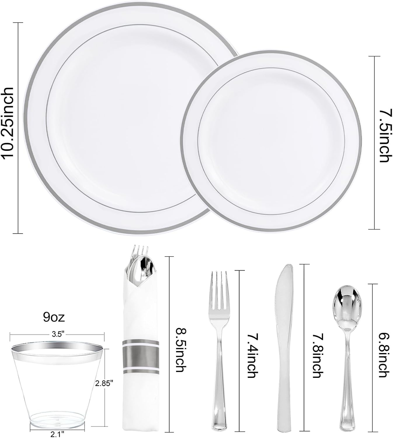 WELLIFE 350Pcs Silver Plastic Plates for 50 Guests - Party Dinnerware Set