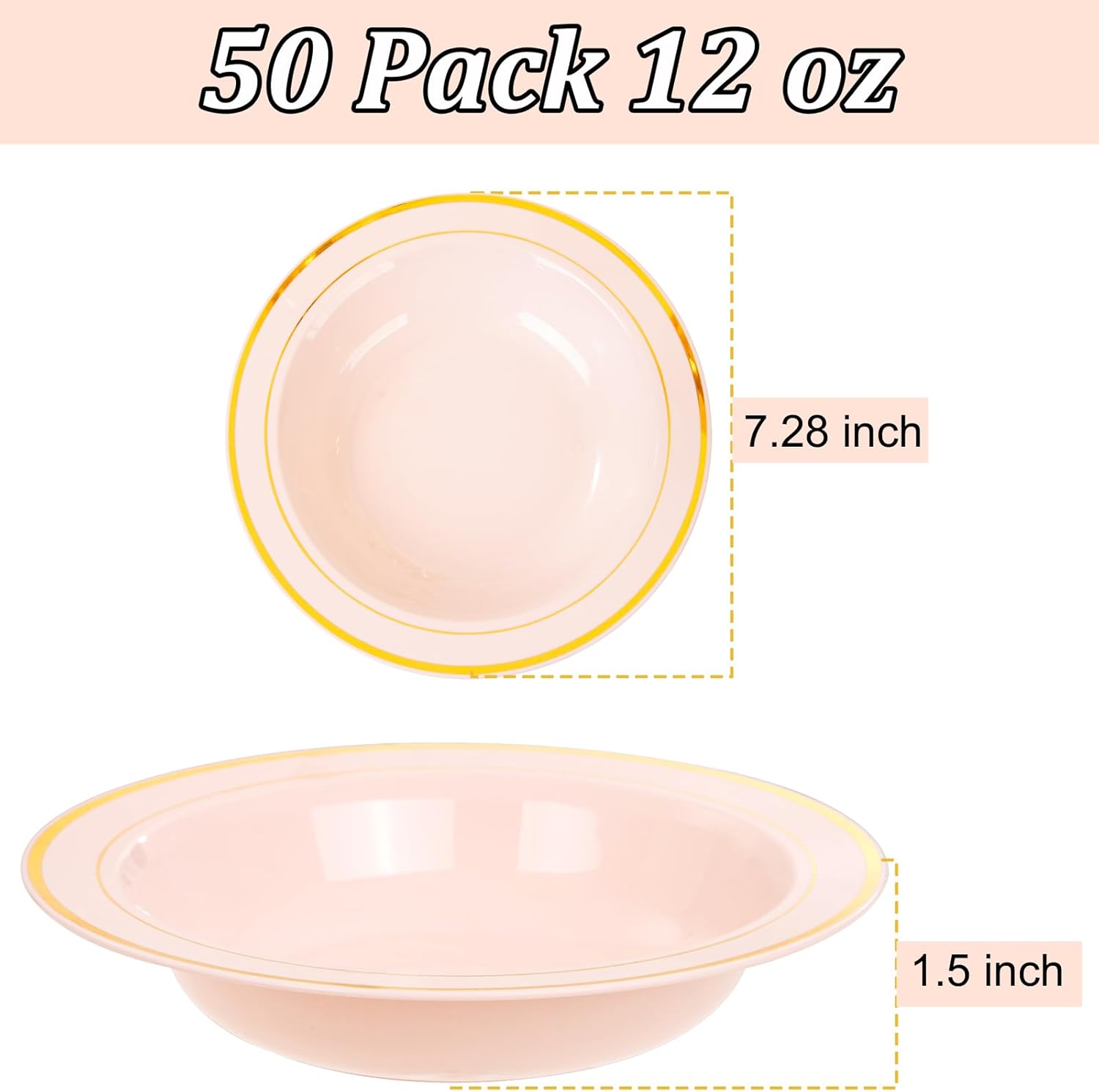 Nervure 50 Pack Pink Plastic Bowls with Gold Rim