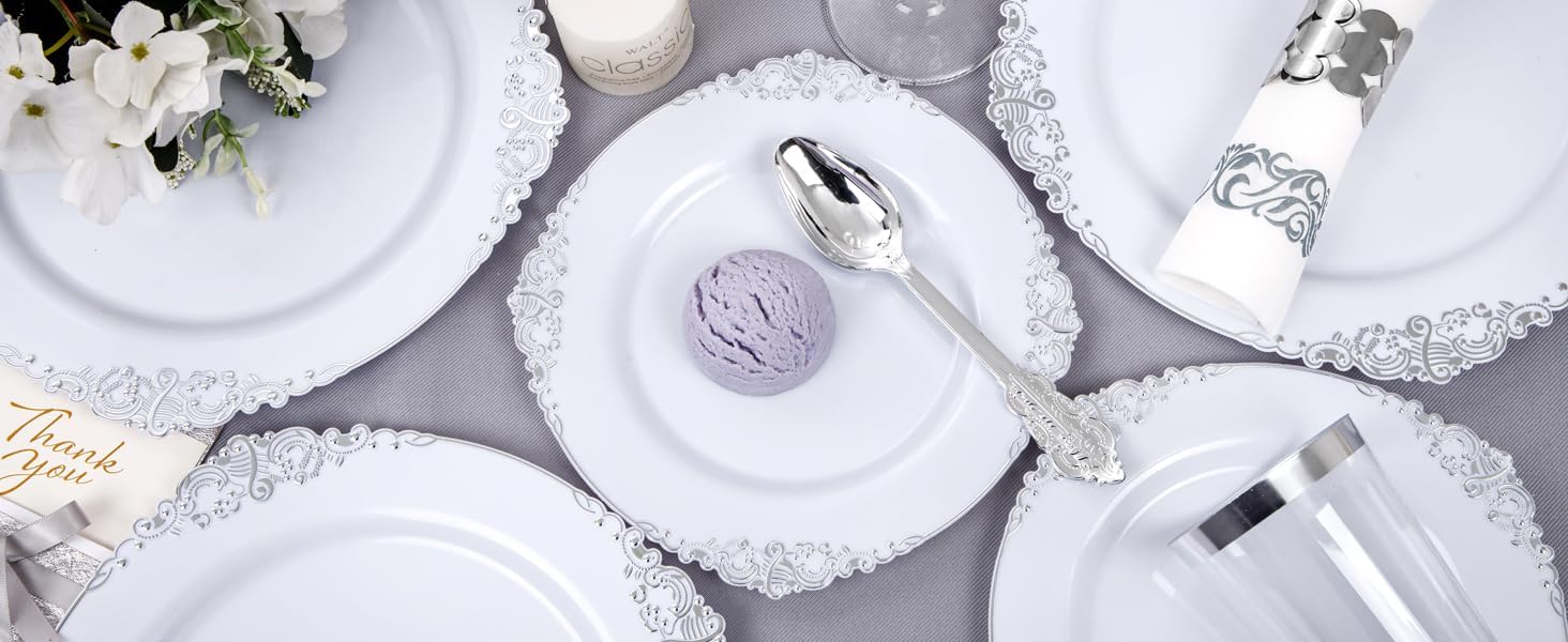 Nervure 350PCS Silver Plastic Dinnerware Set