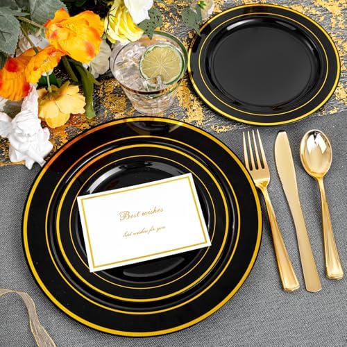 bUCLA 150 Piece Black and Gold Disposable Dinnerware Set for 25 Guests