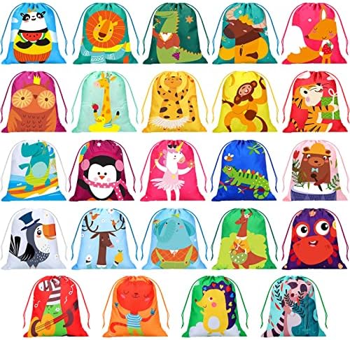 WILLBOND 24 Pack Safari Animal Drawstring Gift Bags for Kids
