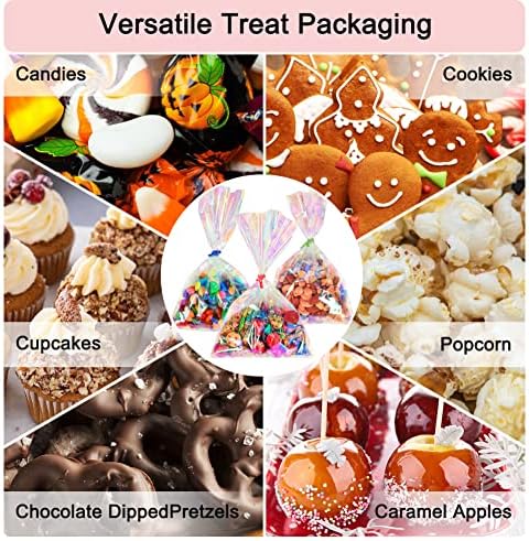 HRX Package 120pcs Iridescent Cellophane Treat Bags with Ties