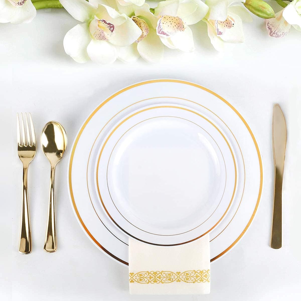 350 Piece Gold Dinnerware Set - 100 Plates 50 Silverware 50 Cups 50 Napkins