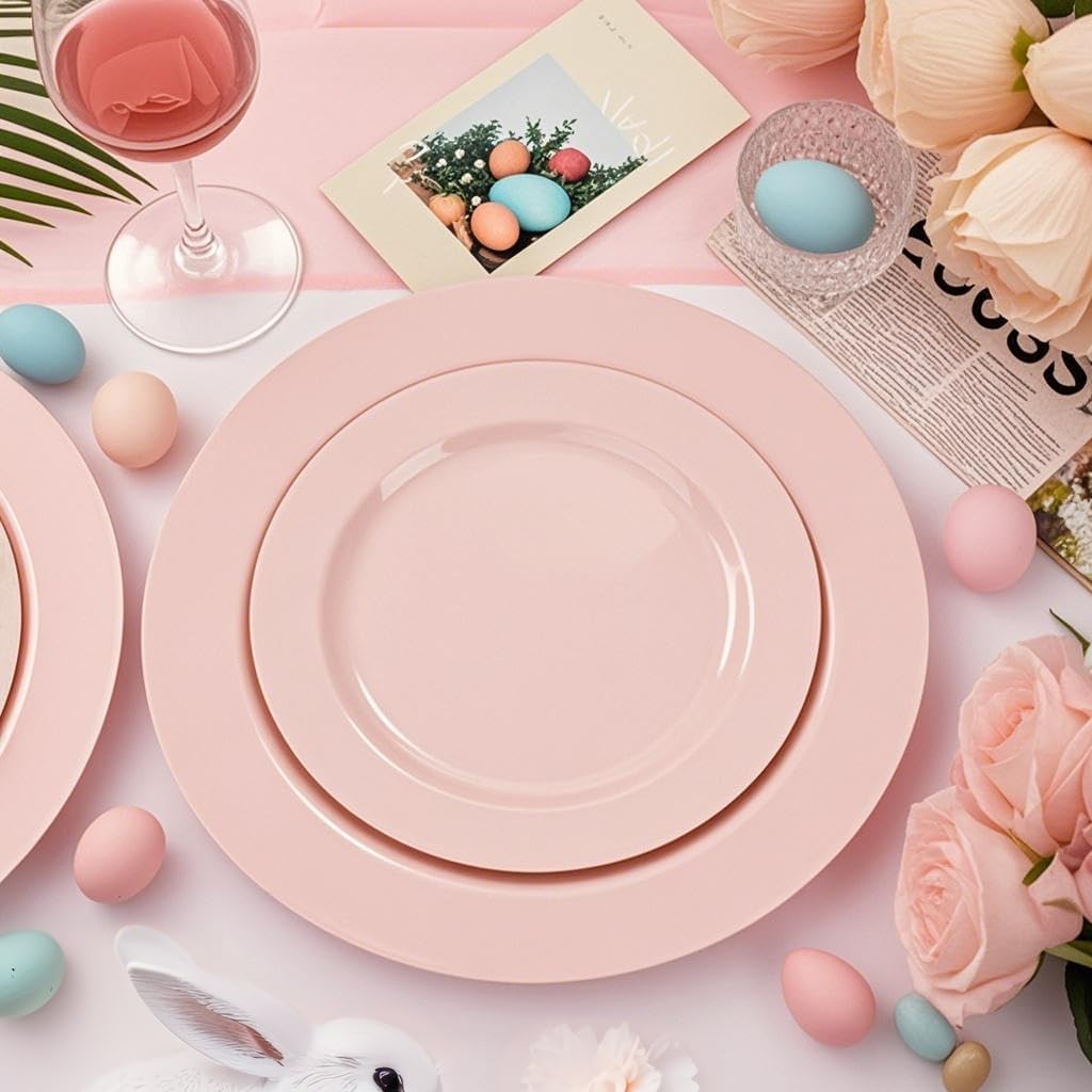 FLOWERCAT 100PCS Pink Plastic Plates Set for 50 Guests