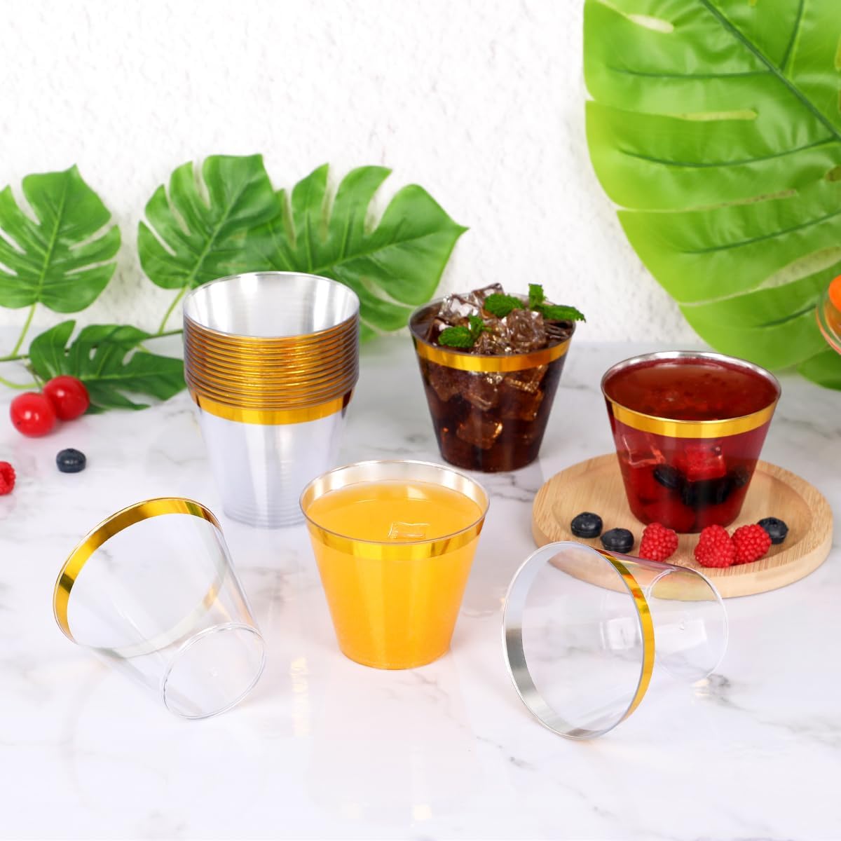 200 Pcs Gold Rim Clear Plastic Cups 9 Oz