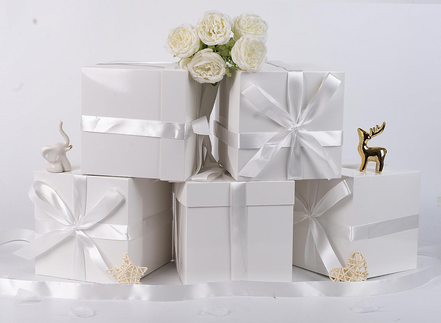 Jaywayang 5 Pack White Gift Boxes with Lids Ribbons and Tissue Papers