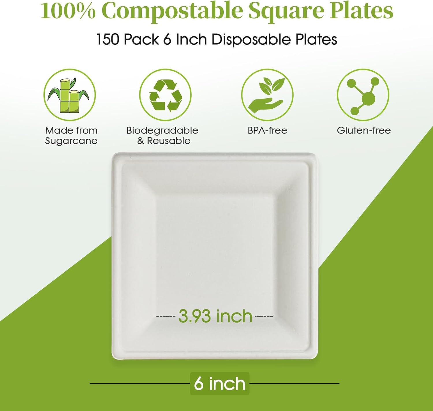 ECOLipak 150 Piece Compostable Square Plates 6 Inch