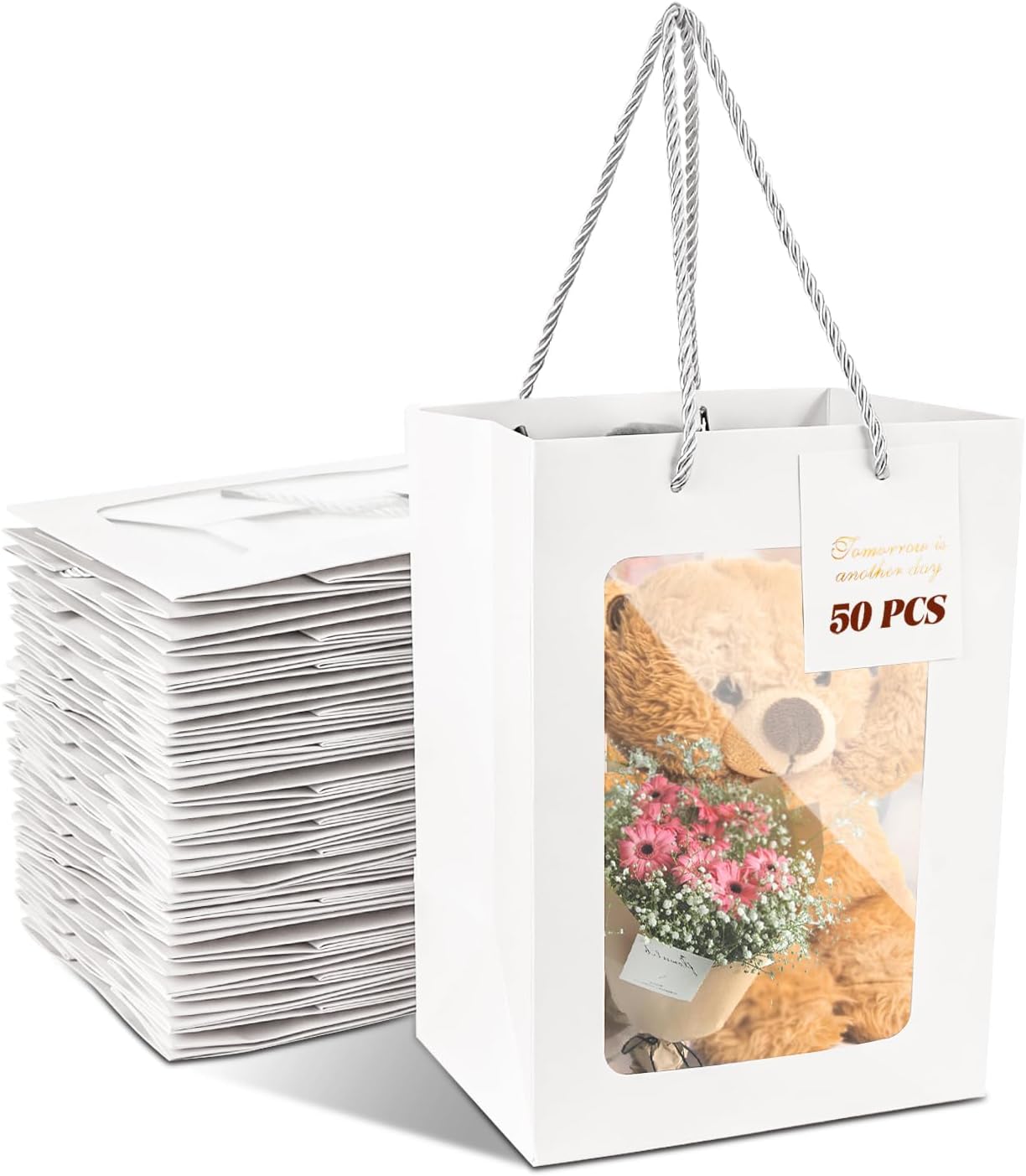 50PCS White Gift Bags with Handles and Clear Window
