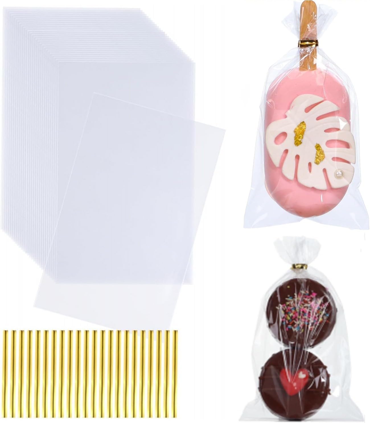 Clear Cellophane Bags with Gold Ties 200 Pack