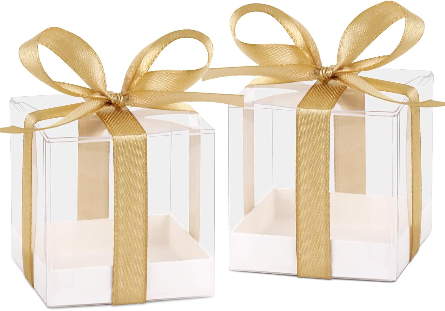 Hxezoc 50 Pack Clear Cube Gift Boxes with Gold Ribbons